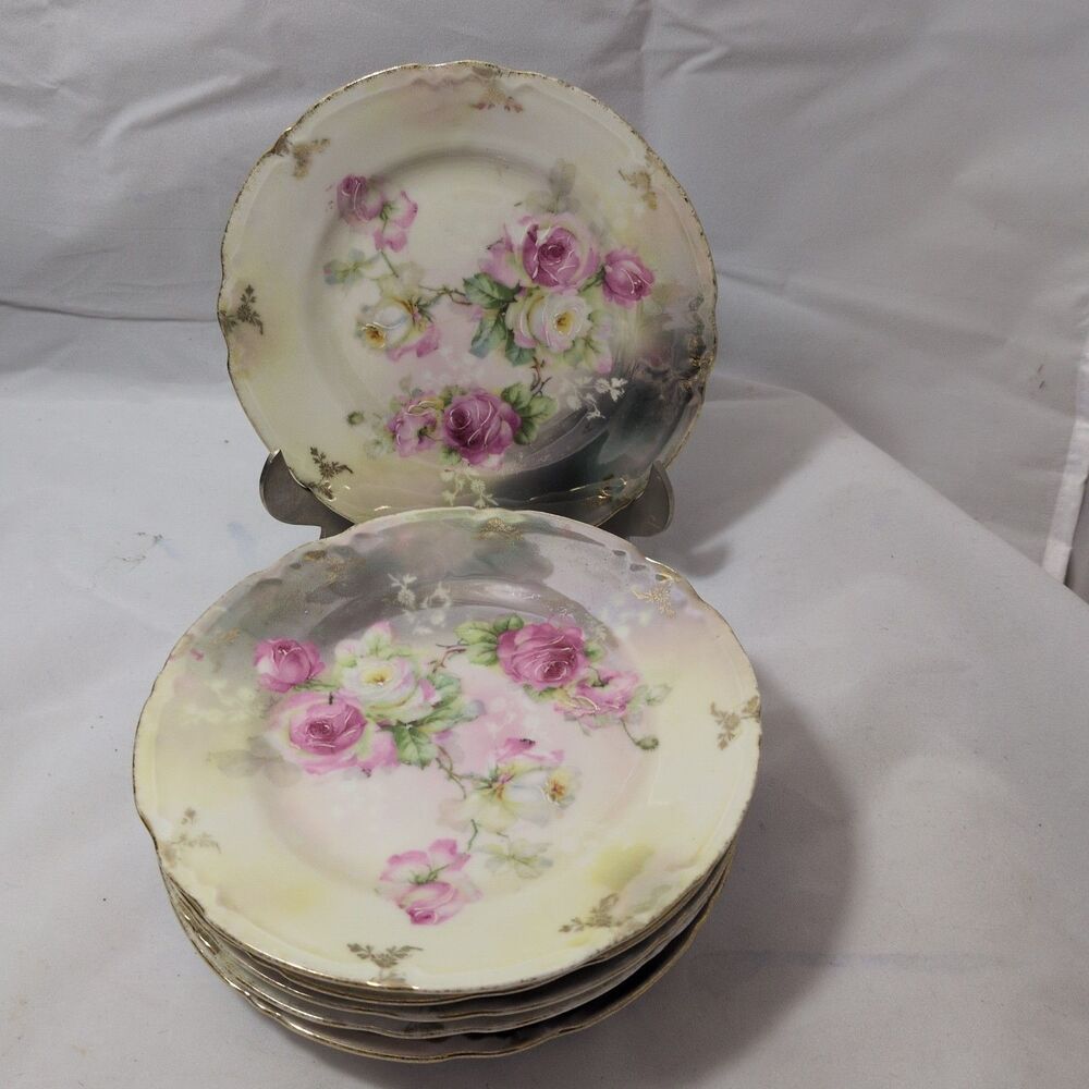 Antique German Lusterware Rose Porcelain Plates - Set of 6 (5 Perfect + 1...